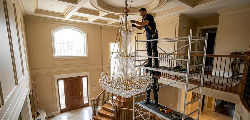 Two-Story Foyer Chandelier Installation in Urbandale
